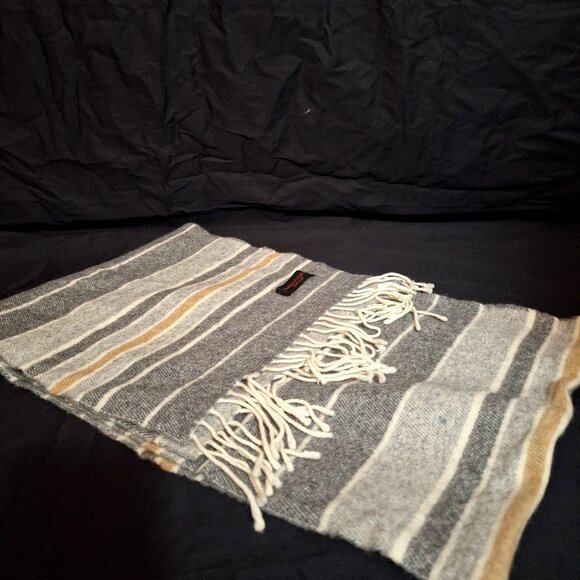 BARBAROSSA Italy Gray Tan Wool Blend Blanket Stripe 62” Fringe Scarf Muffler - Picture 3 of 5